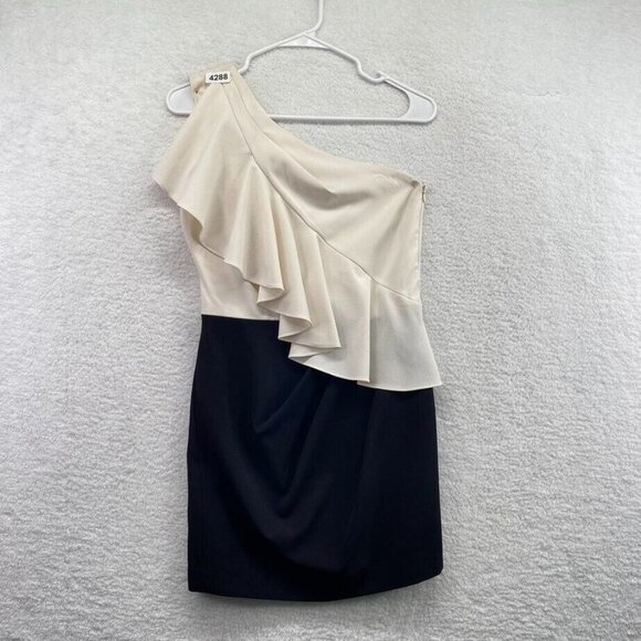 Belle Badgley Mischka One Shoulder Dress Size 4 White Black Color Block Ruffle - Picture 1 of 10